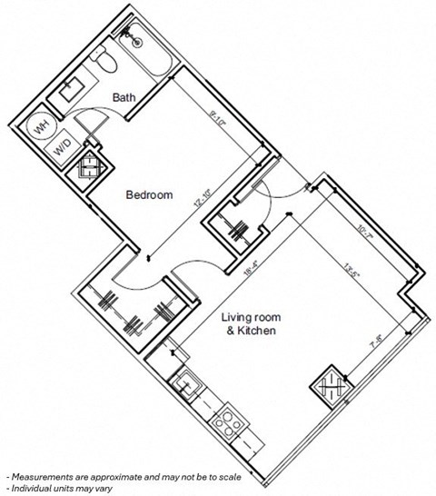 Floor plan for 1 bed, 1 bath, 622 sqft